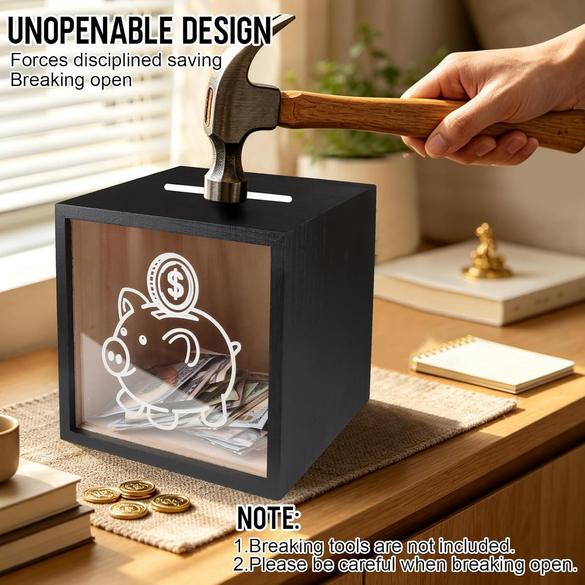 Unopenable Clear Piggy Bank, ONE Gallon Must Break to Open Money Saving Box Money Bank Holder Jar for Cash Saving, Clear Unbreakable Smash Box Change Coin Bank Jar Cash Box for Adults, Black