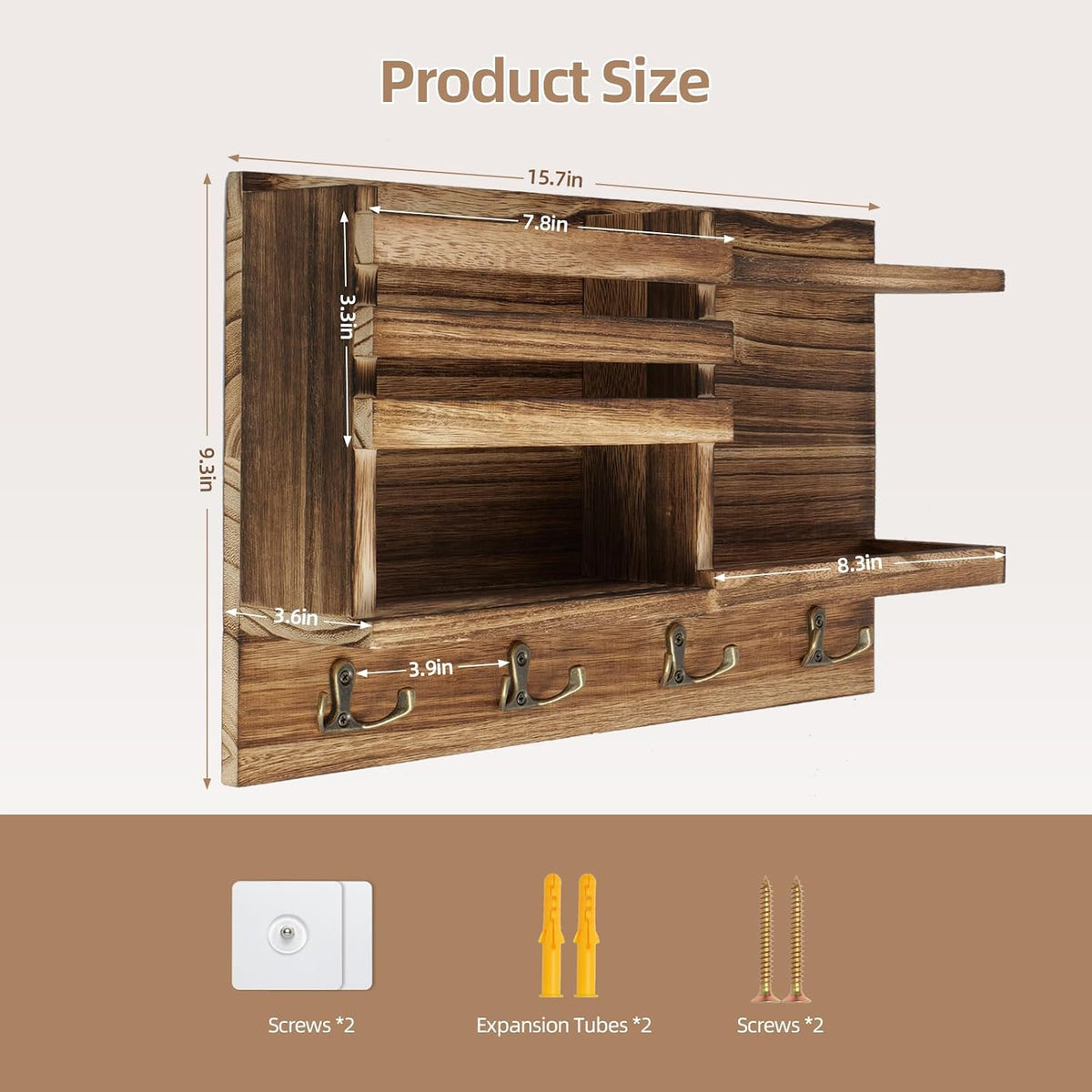 Key Holder Wall Mount, Wood Key and Mail Organizer for Wall, Burnt Brown