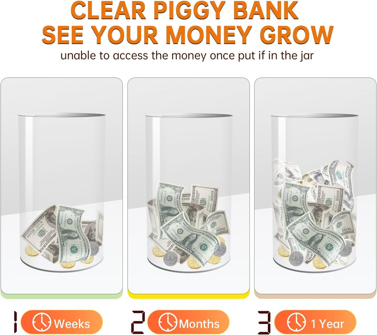 (10" H x 6" D) Large Clear Piggy Bank, Acrylic Piggy Bank for Adults Must Break to Open, Unopenable Money Saving Box for Boys Girls Birthday Gift
