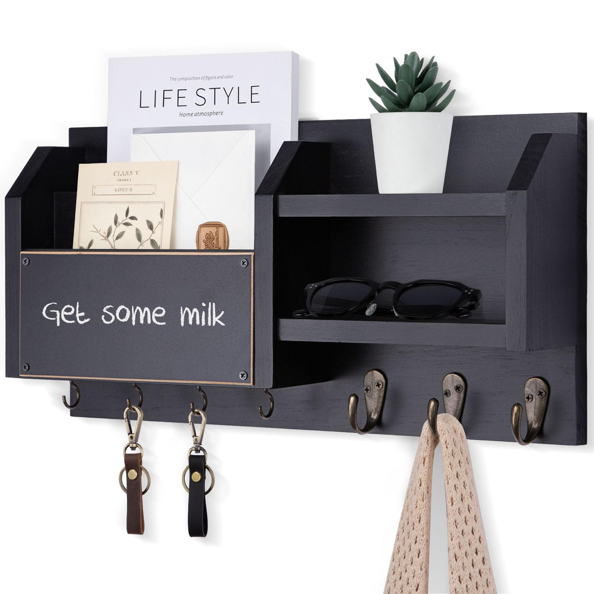 Lwenki Mail and Key Holder – Wall Mount Key Hanger with Shelf and 7 Metal Hooks – Decorative Natural Paulownia Wood Entryway Organizer with Mounting Hardware (16.5”W x 8.7”H x 3.5”D) (White)