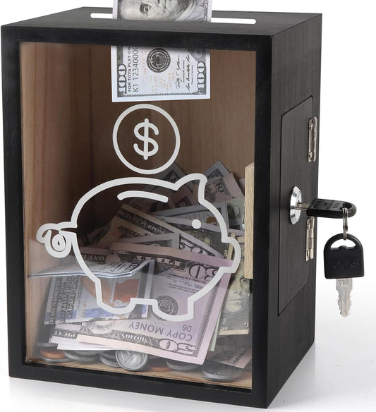 Clear Piggy Bank with Lock, Large Money Saving Jar Money Bank Box Container for Cash Saving, Openable Clear Money Coin Change Bank Jar Container Penny Piggy Jar Bank for Adults Kids, Black