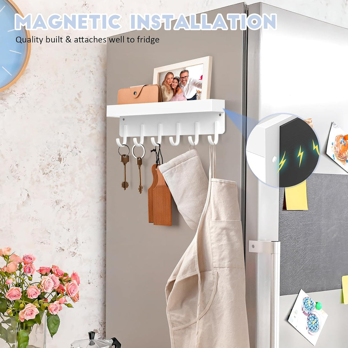 Magnetic Key Holder, Wall Mount Key Rack with Shelf, 9.65 in, White