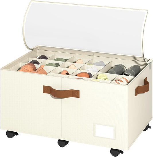 Foyego Shoe Organizer for Closet, Shoe Storage with Wheels, Beige