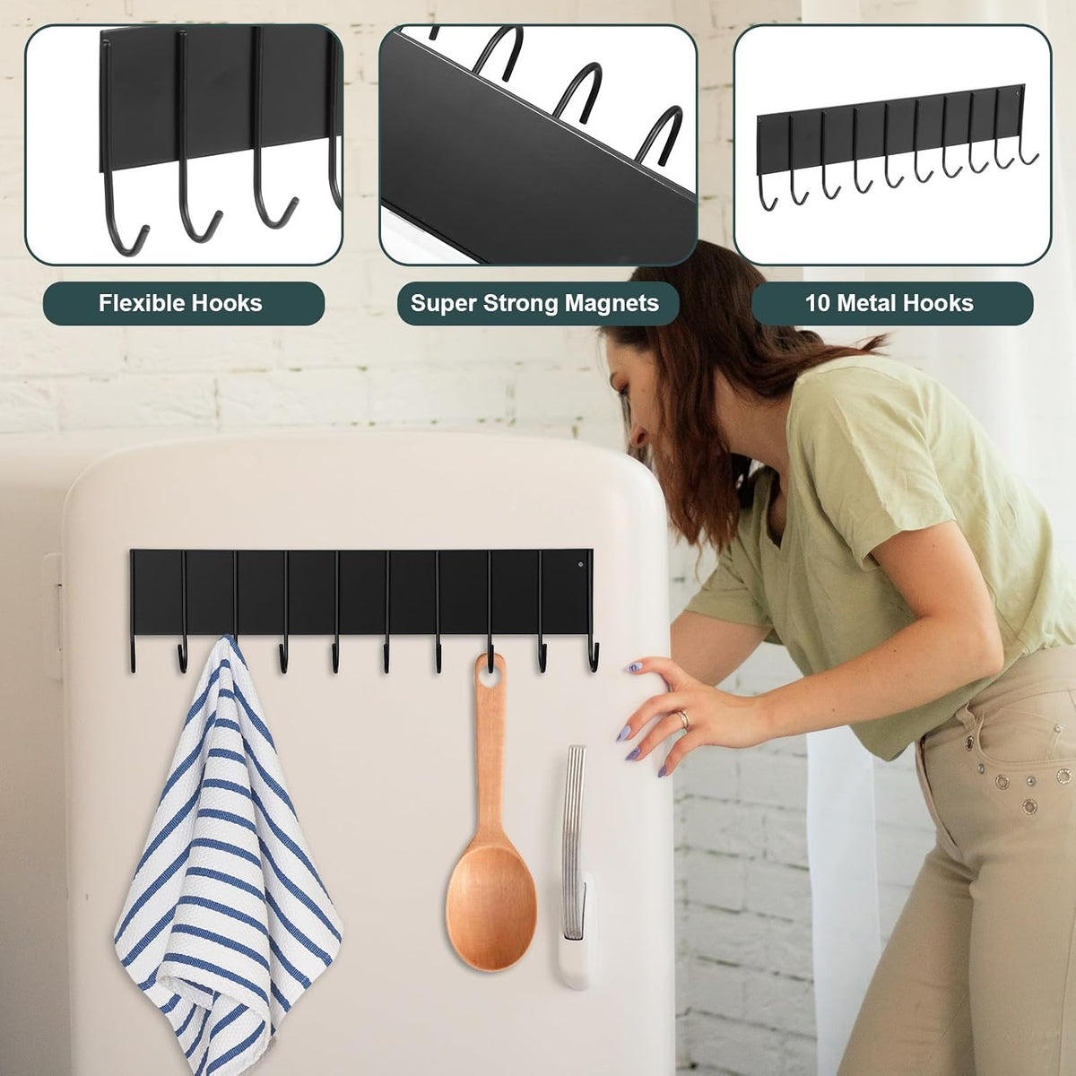 6 Pcs Magnetic Key Holder for Fridge with 10 Hooks, Magnetic Utensil Holder for Wall, Strong Magnet Keys Hanger Hooks Organizer, Magnent Key Rack for Kitchen Metal Door Garage Grill Tools Towel Purse