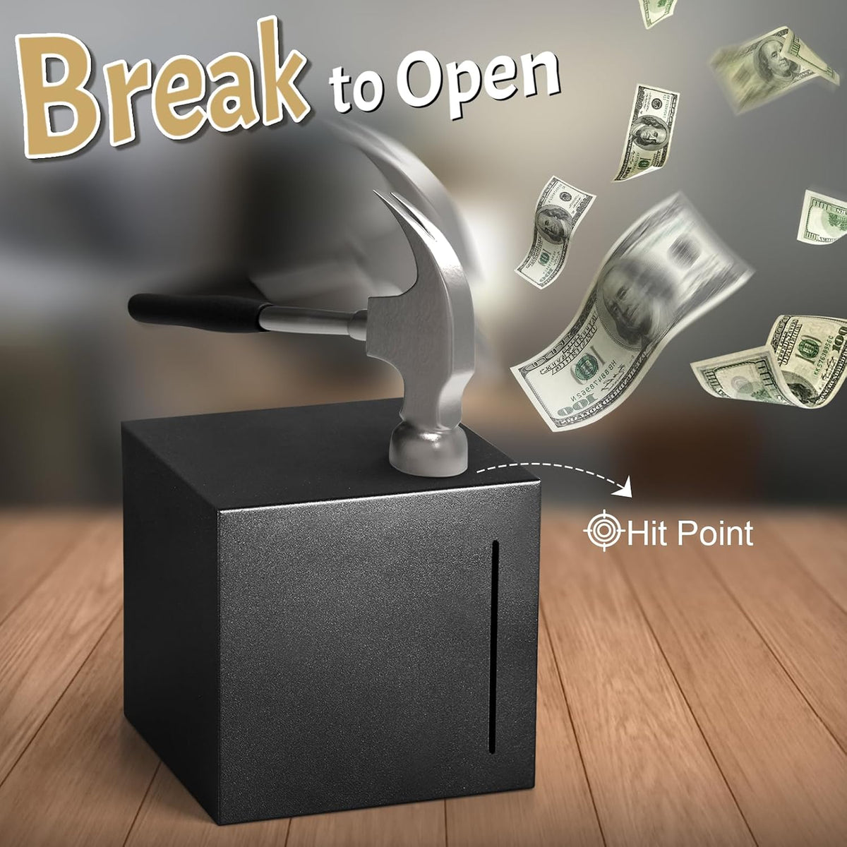 Piggy Bank for Adults Must Break to Open, Metal Savings Box, Black 4.72-in