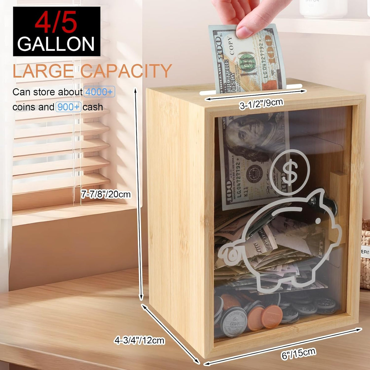 Clear Piggy Bank with Lock, Large Money Saving Jar Money Bank Box Container for Cash Saving, Openable Clear Money Coin Change Bank Jar Container Penny Piggy Jar Bank for Adults Kids, Bamboo