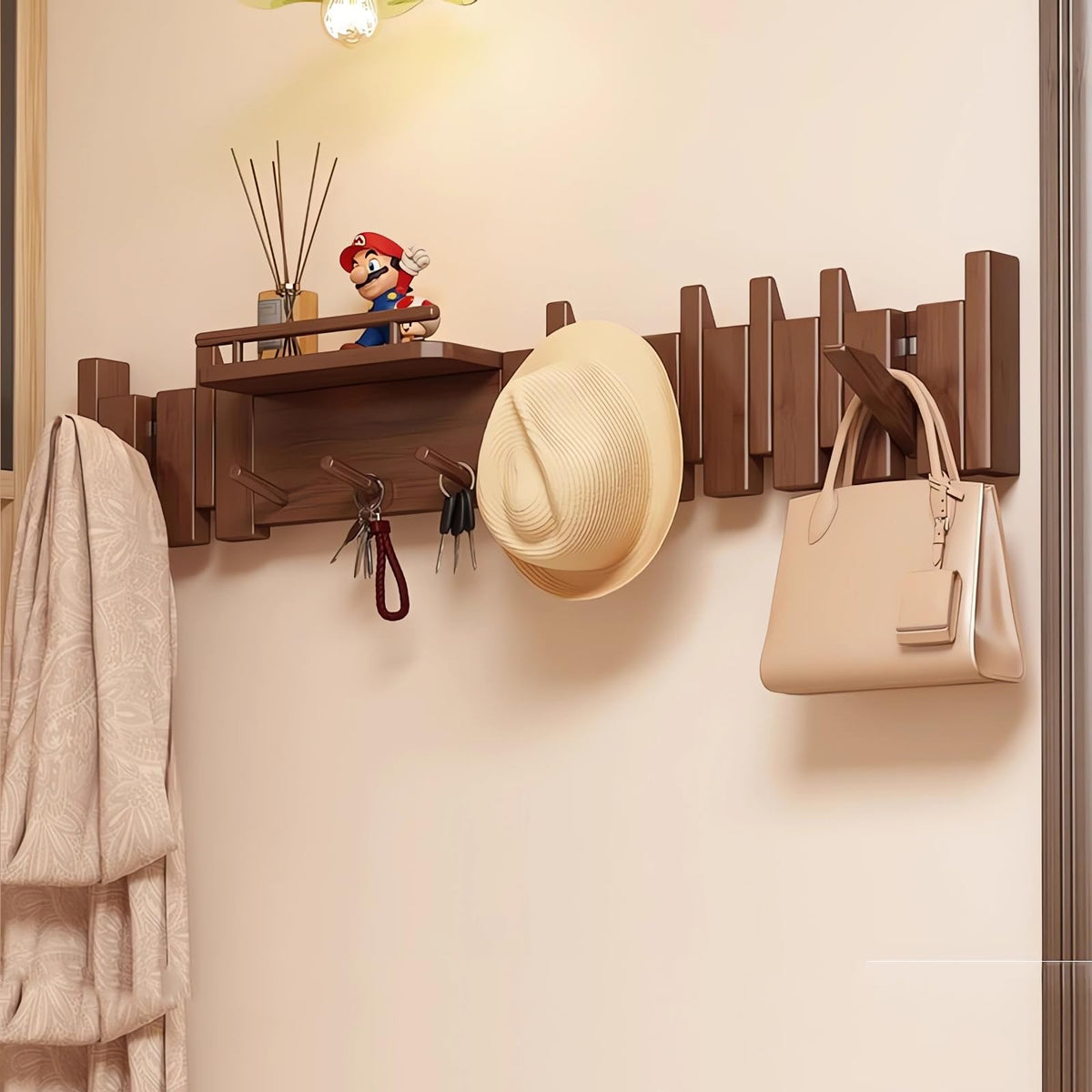 Paint Wood Wall Mounted Coat RackHooks Piano Key Hangers Natural Solid Wood Hanger Non-Woven Fabric Clothes Hangers for Closet, Kitchen, Bedroom, Bathroom, Entryway (Walnut-Beech, 8 Hooks)