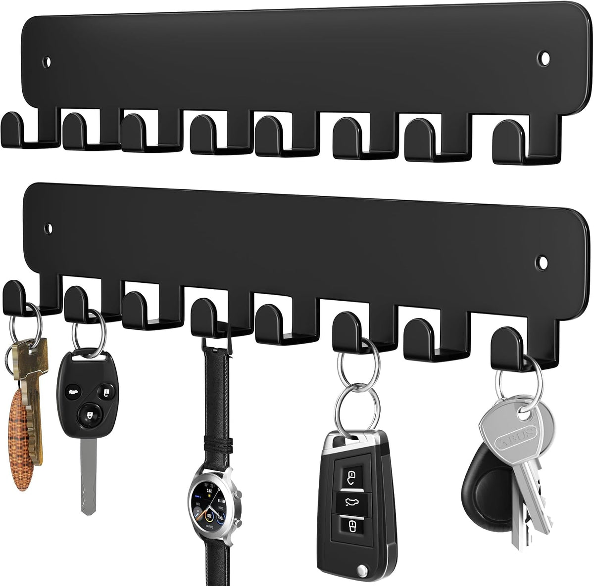pickpiff Key Holder Wall Mount, Adhesive Key Rack with 8 Hooks Hanger for Car Key Ring, Metal Key Chain Organizer, Black 2 Pack