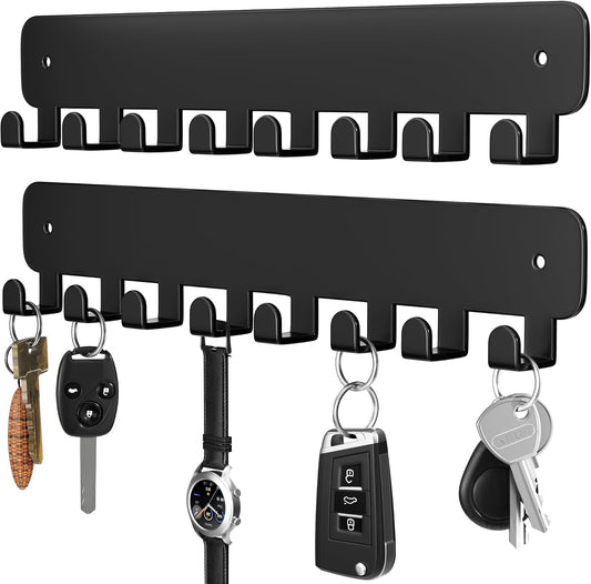 pickpiff Key Holder Wall Mount, Adhesive Key Rack with 8 Hooks Hanger for Car Key Ring, Metal Key Chain Organizer, Black 2 Pack