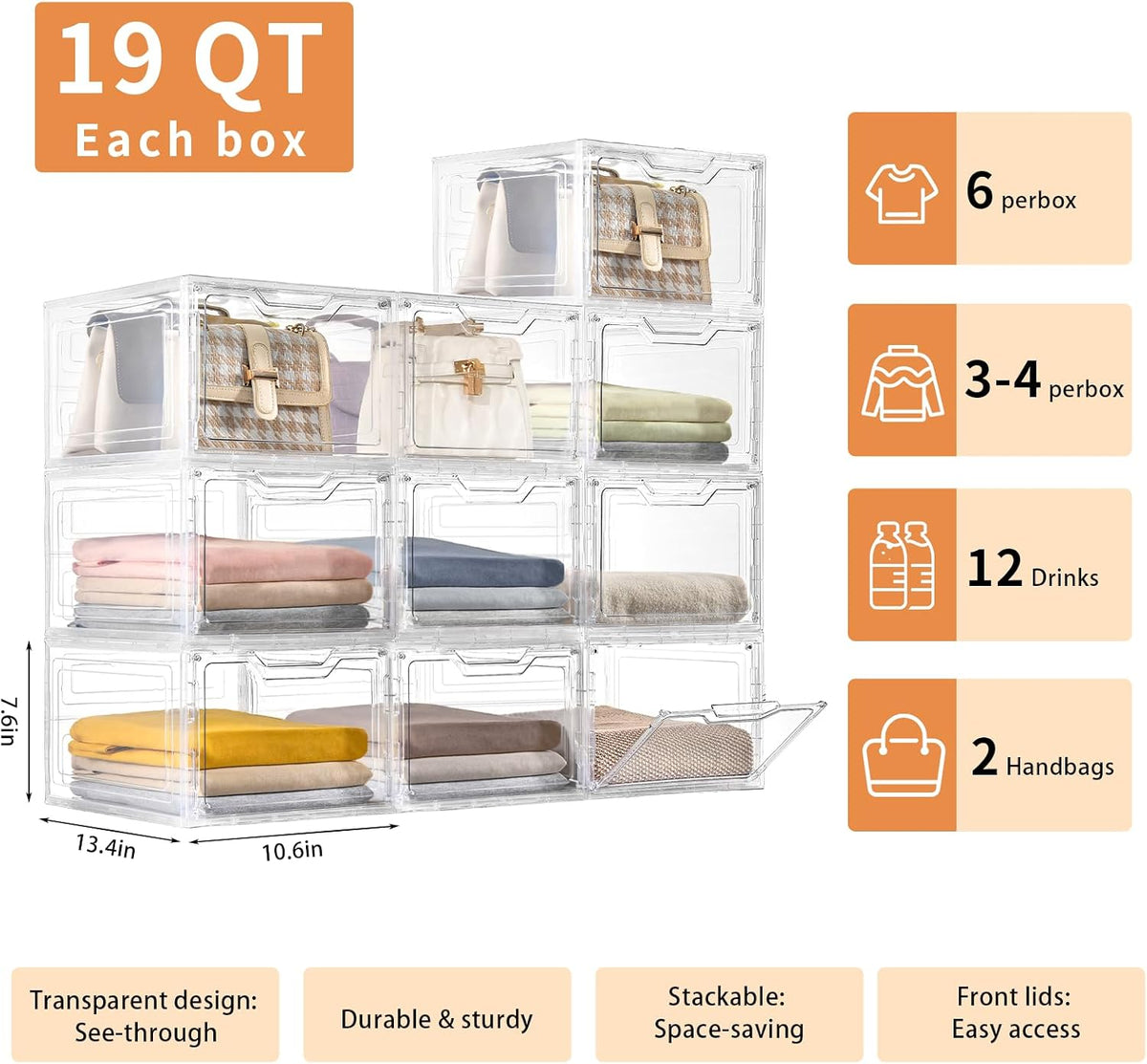 6 Pack Clear Storage Bins with Lids, 19 Qt Closet Organizers and Storage