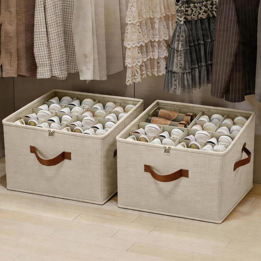2 Pack Shoe Organizer Box – Large Capacity Shoe Storage Organizer with Transparent Cover & Flexible Dividers, Fits 16-32 Pairs, Fabric Shoe Storage Organizer Box, Entryway, Dorm