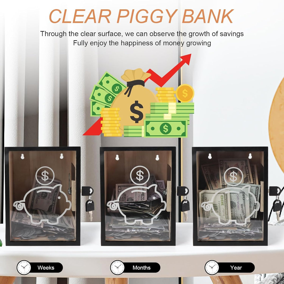 Clear Piggy Bank with Lock, Large Money Saving Jar Money Bank Box Container for Cash Saving, Openable Clear Money Coin Change Bank Jar Container Penny Piggy Jar Bank for Adults Kids, Black