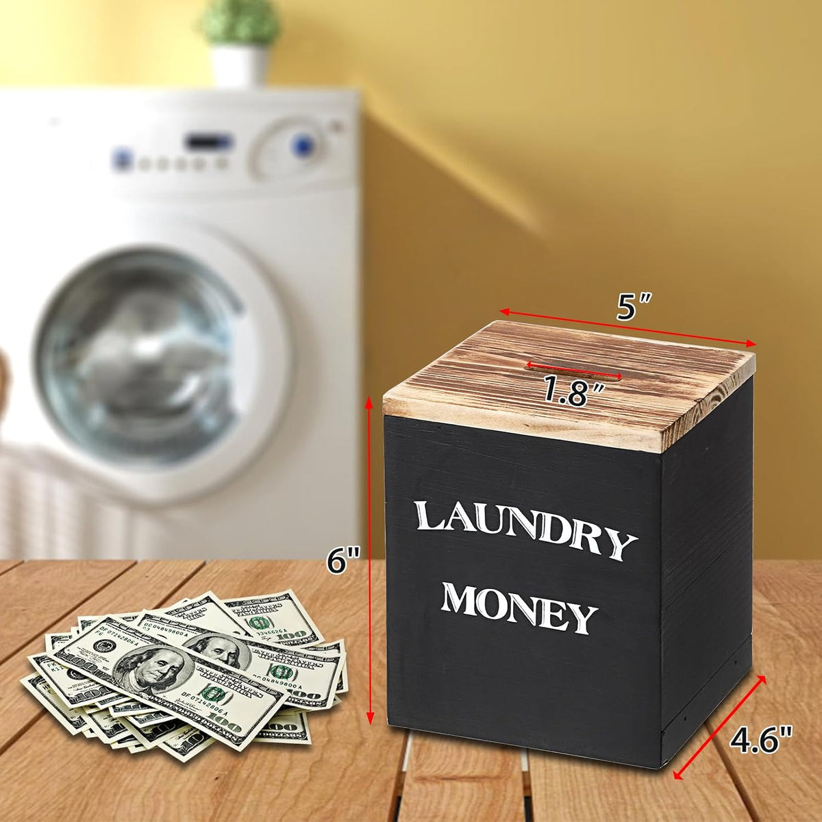 Wooden Piggy Bank for Laundry Room, Rustic Coin Jar with Money Slot