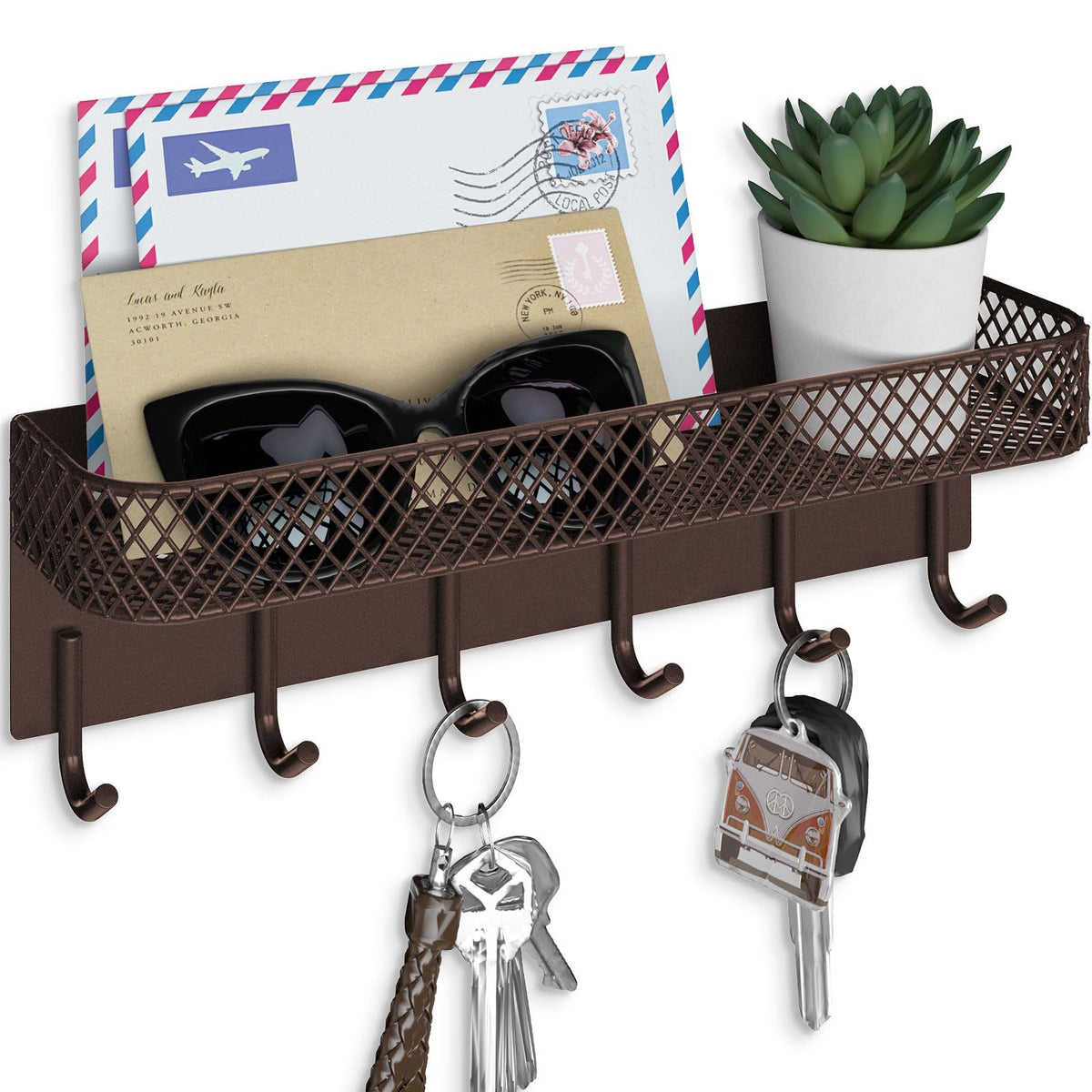 Lwenki Key Holder for Wall – Decorative Stainless Steel Key Hanger with 6 Hooks for Hats, Bags, Leashes – Mail Holder Key Rack with Mounting Hardware and Guide (9.65” x 2.8” x 2.2”) (Black)