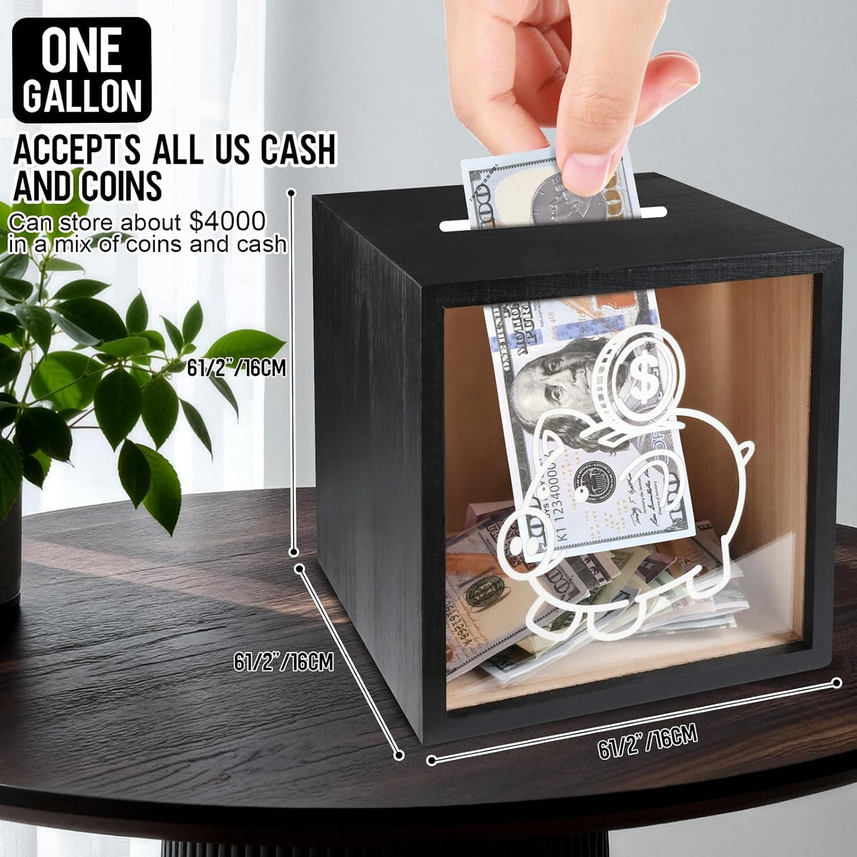 Unopenable Clear Piggy Bank, ONE Gallon Must Break to Open Money Saving Box Money Bank Holder Jar for Cash Saving, Clear Unbreakable Smash Box Change Coin Bank Jar Cash Box for Adults, Black
