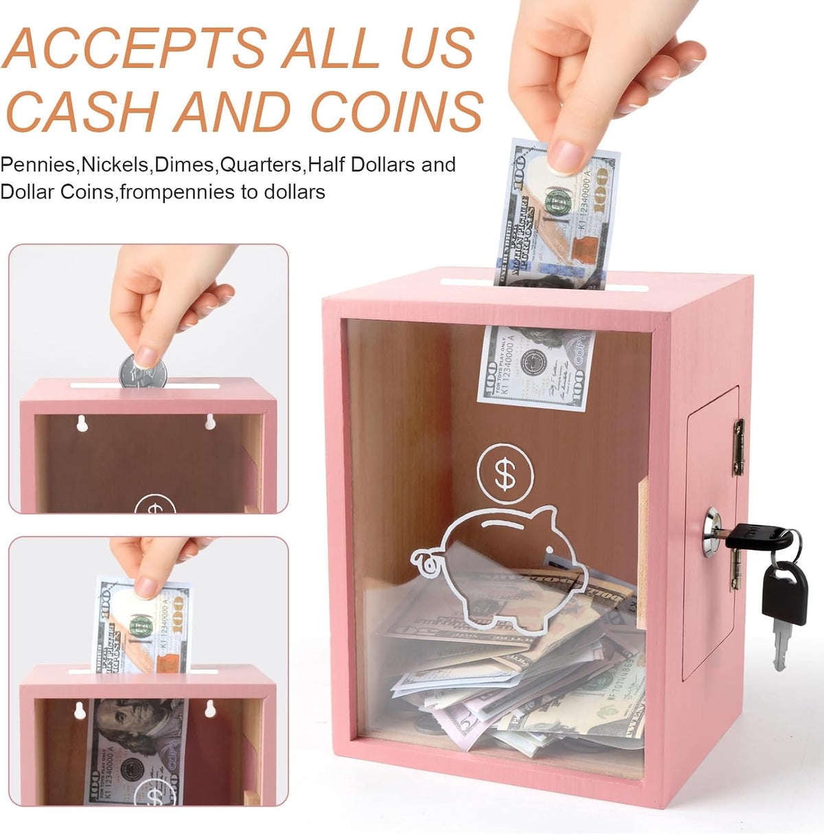 Clear Piggy Bank with Lock, Large Money Saving Jar Money Bank Box Container for Cash Saving, Openable Clear Money Coin Change Bank Jar Container Penny Piggy Jar Bank for Adults Kids, Pink