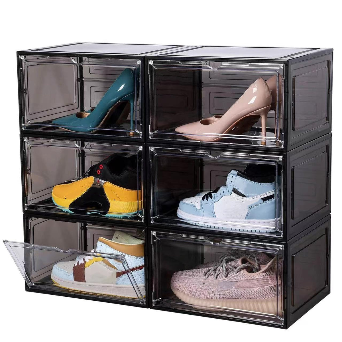 Attelite Large Shoe Boxes 8 Pack Drop Side Shoe Storage Containers Black