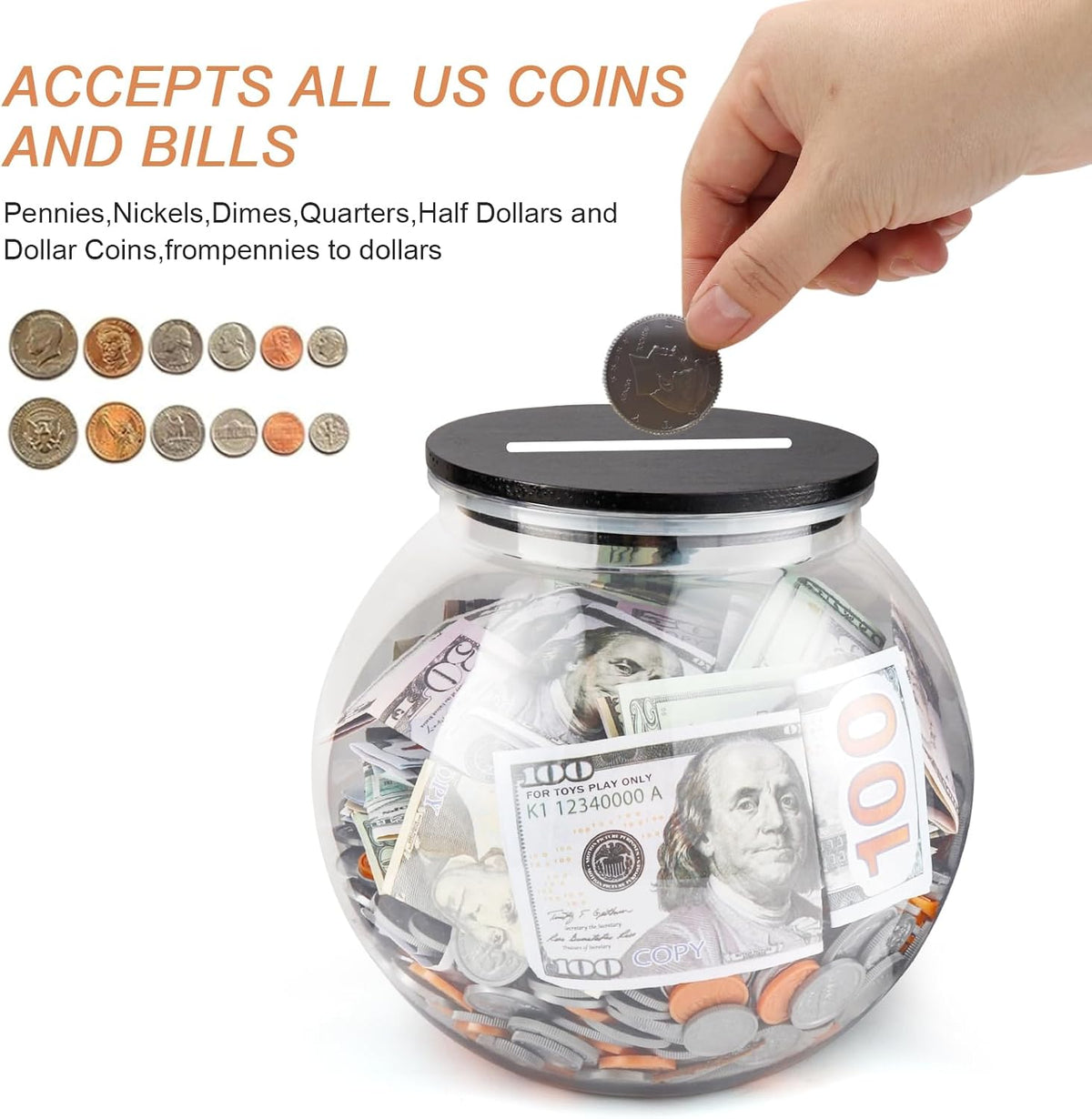Yamahiko Large Clear Coin Bank Jar with Slotted Lid, 3/4 Gallon Plastic Money Tip Change Savings Coin Jar for Coin or Raffle Ticket, Big Money Coin Tip Piggy Change Bank Box for Adults Teens, Black