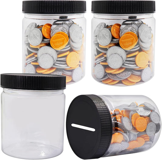 Small Coin Bank 4-Pack, 16oz Clear Plastic Money Jars With Black Slotted Lids, Transparent Piggy Banks for Adults, Teens, Kids, Girls, Boys