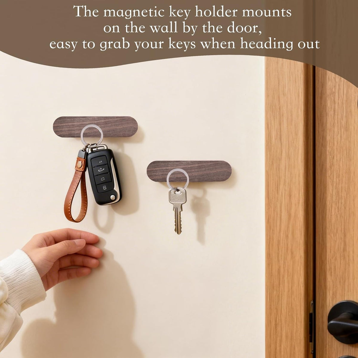 Magnetic Key Holder Adhesive for Wall 2 Pack - Wooden Magnetic Remote Holder Magnet Key Chain Holder Wall Mount for Kitchen, Living Room, Strong Hold for Keys, Car Fobs, Knives