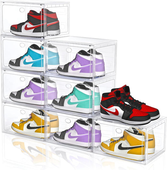 Large Clear Plastic Stackable Shoe Boxes 8-Pack, Drop Side Shoe Organizers