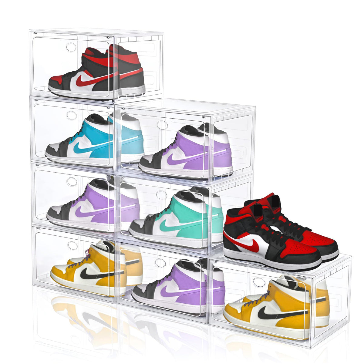 Large Clear Plastic Stackable Shoe Boxes 8-Pack, Drop Side Shoe Organizers