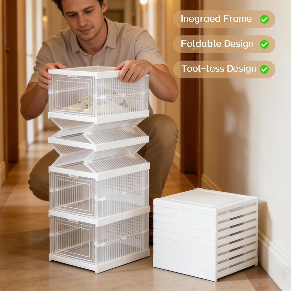 Stackable Clear Shoe Storage Organizer,Foldable Shoe Boxes with Front Opening,Space‑Saving Vertical Shoe Rack for Closet,Entryway,Bedroom,Transparent Shoe Holder for Footwear.
