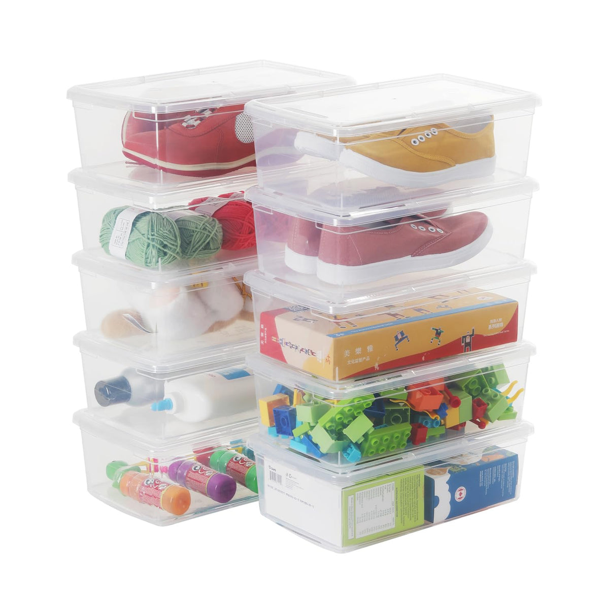 Stackable Plastic Storage Shoebox, BPA-Free Nestable Container with Latching Lid to Organize Shoes, See-Through Box for Home and Office, Multi-Purpose Clear Bins (12 Pack 6 Quart)