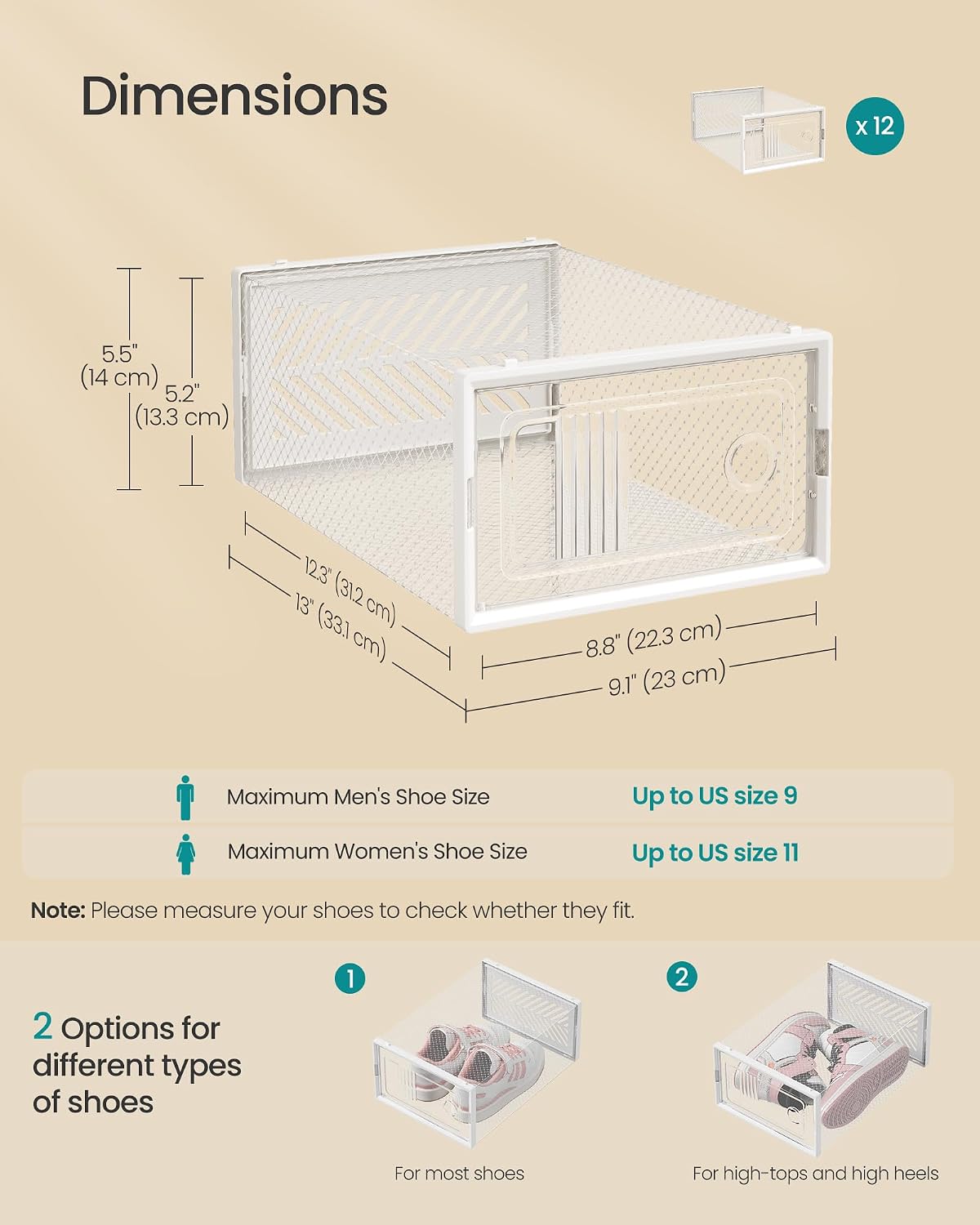 SONGMICS Stackable Shoe Boxes, Foldable, Ventilated Clear, Set of 12