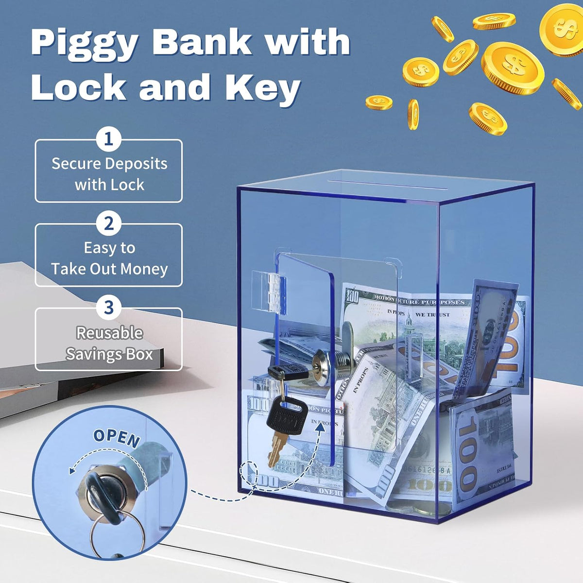 Imeepa Clear Acrylic Piggy Bank with Lock & Key, Money Box - Blue