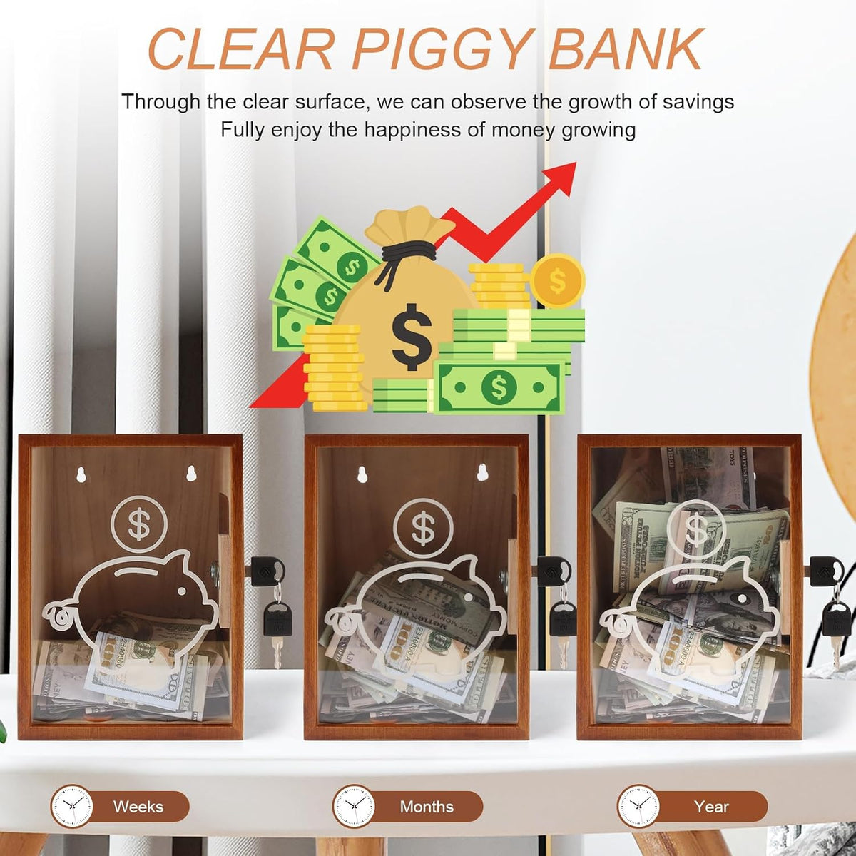 Clear Piggy Bank with Lock, Large Money Saving Jar Money Bank Box Container for Cash Saving, Openable Clear Money Coin Change Bank Jar Container Penny Piggy Jar Bank for Adults Kids, Brown