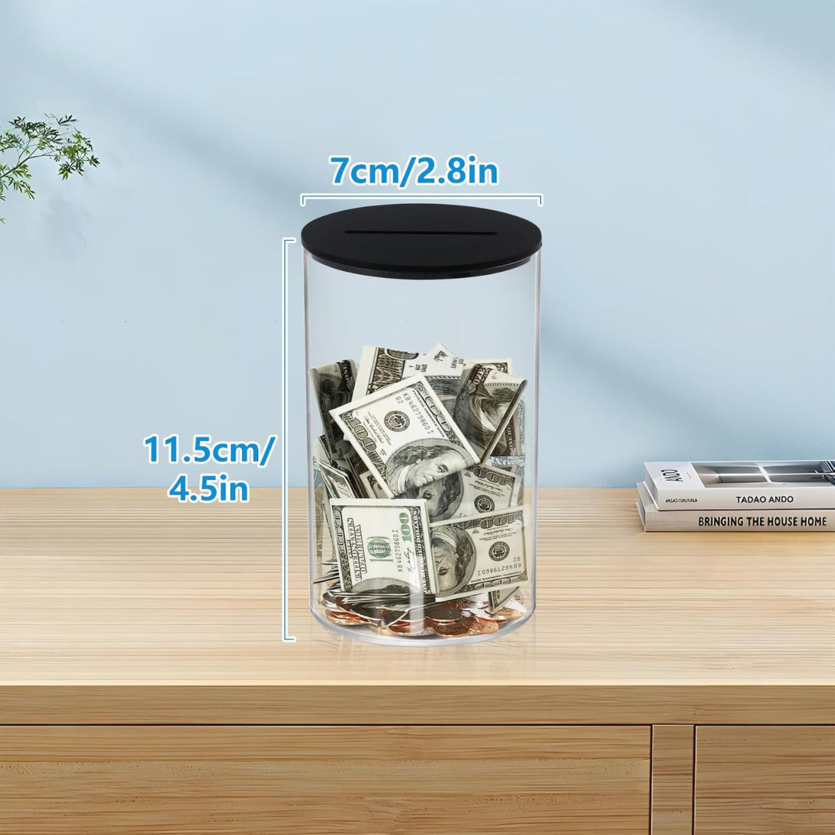 Klmnop Acrylic Piggy Bank, Openable Piggy Bank for Kids with Black Lid, Repeatable Money Saving Jar, Clear Money Jar for Cash Saving(Black 2.8"×4.5")