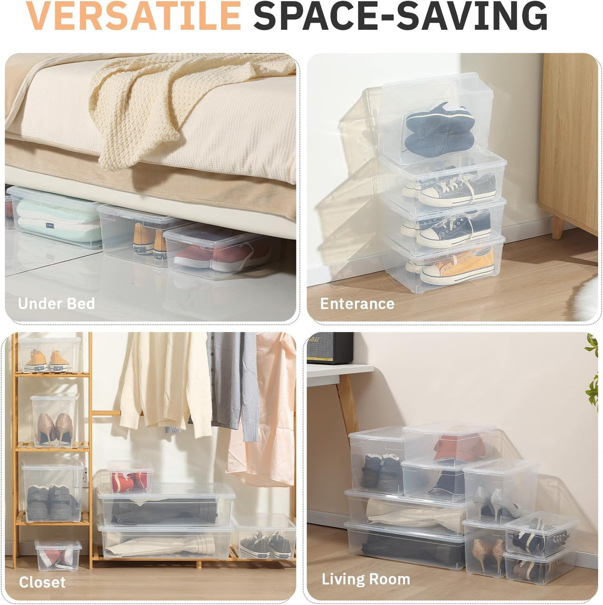 novelinks 12 Pack 6 Quart Clear Plastic Storage Bins with Lids, Shoe Boxes