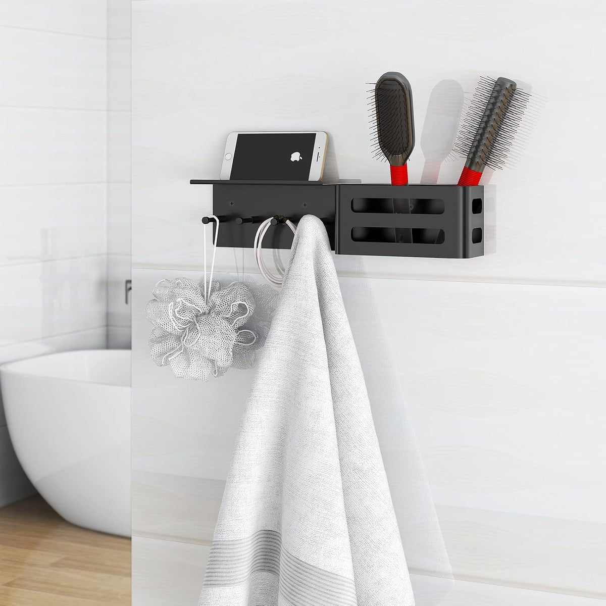 MKO Key Holder Wall Mount, Adhesive Key Hanger with 4 Hooks for Wall, Black