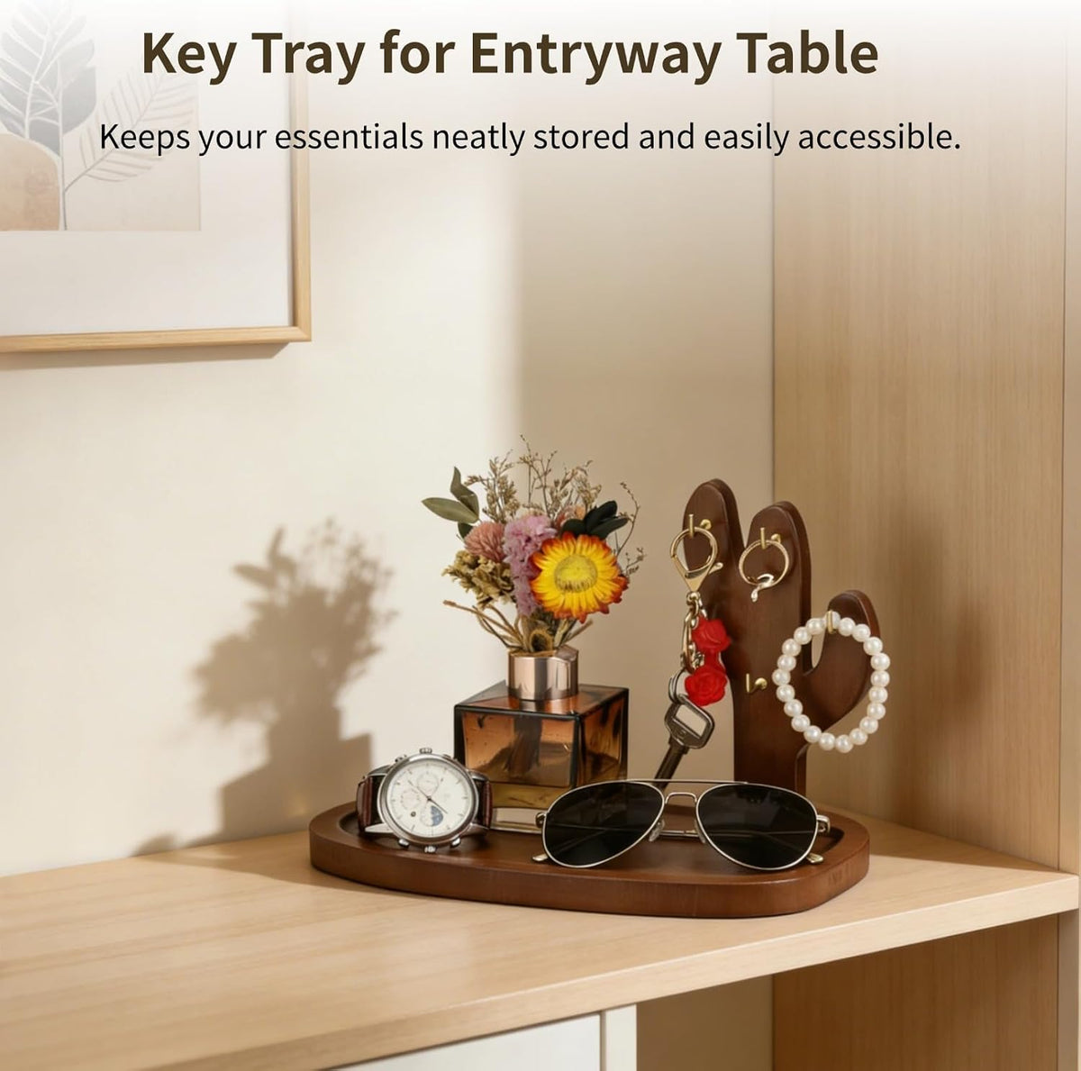 Key Tray for Entryway Table, Acacia Wooden Key Holder Stand with 4 Hooks and Storage Tray, Cactus-Shaped Organizer, Decorative Catchall for Glasses, Watch, Perfume, Jewelry