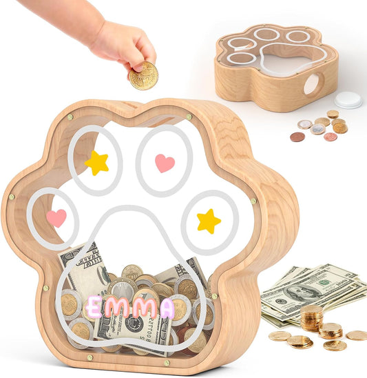 KMC Wooden Piggy Bank for Kids, Natural Cat Dog Paw Coin Bank with Stickers