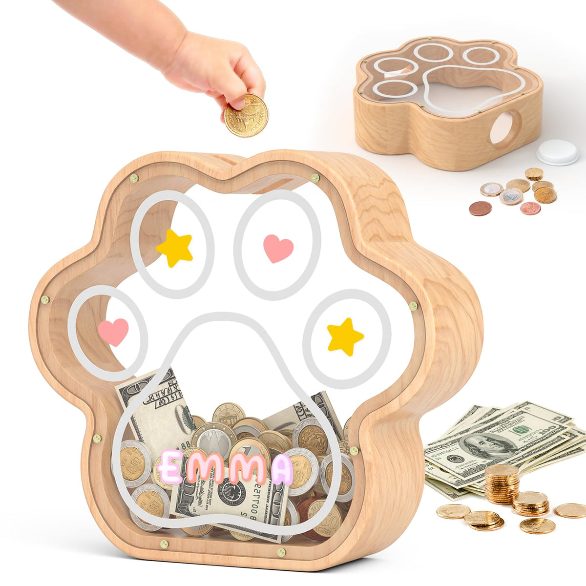 KMC Wooden Piggy Bank for Kids, Natural Cat Dog Paw Coin Bank with Stickers