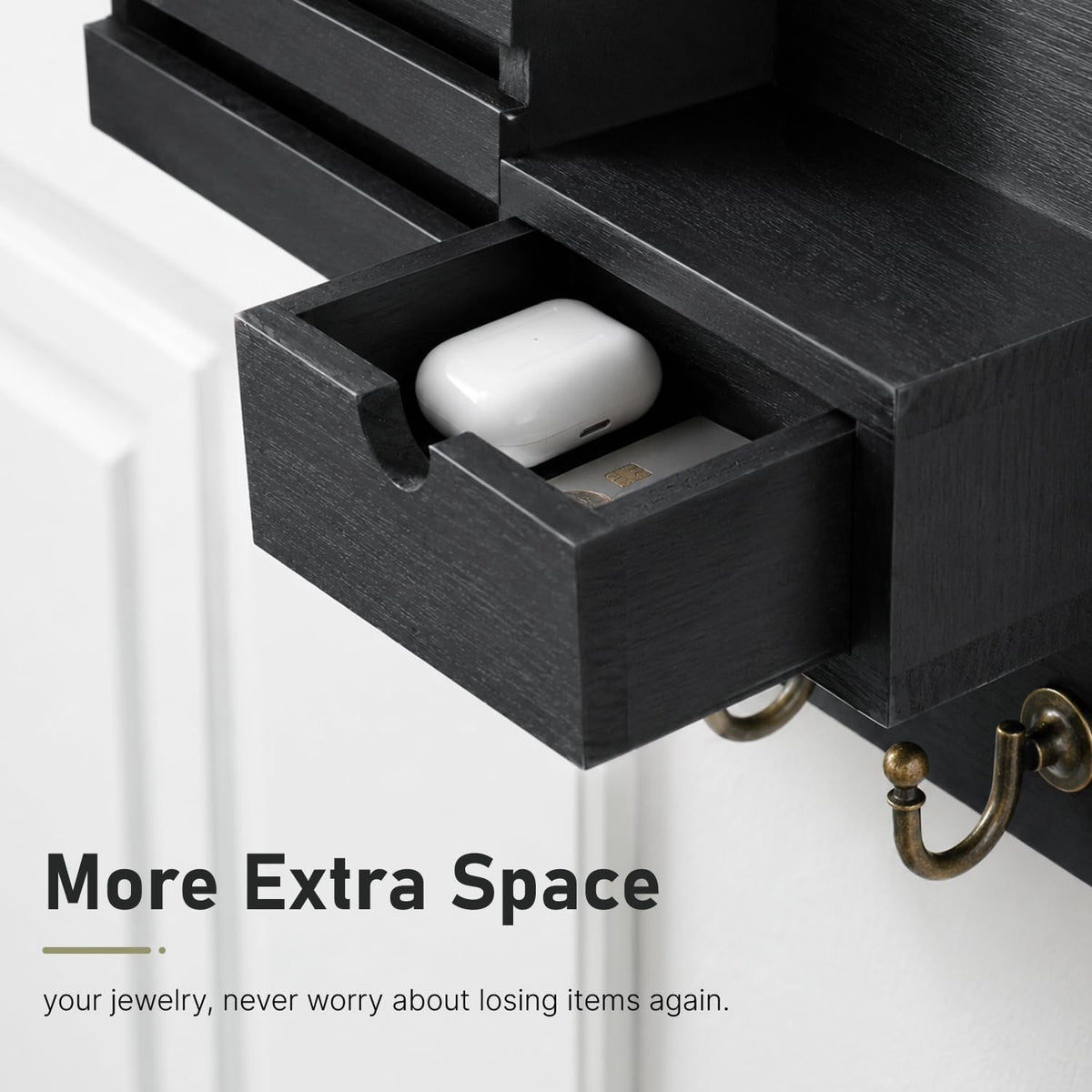 FifthQuarter Key Holder Wall Mount with Drawer and 6 Sturdy Hooks, A-Black