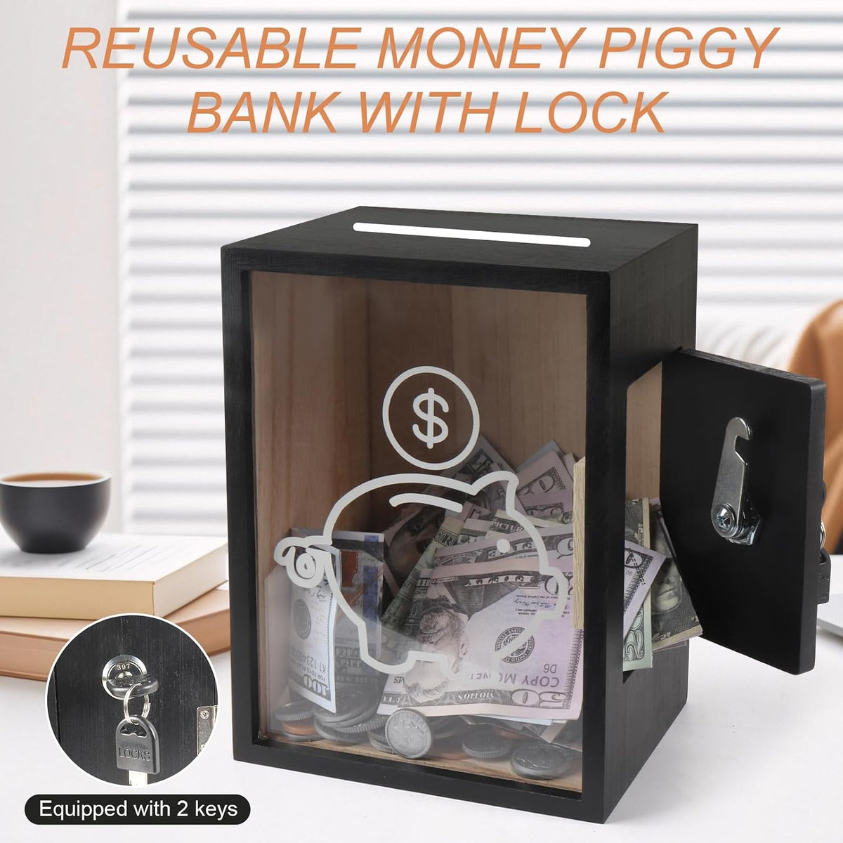 Clear Piggy Bank with Lock, Large Money Saving Jar Money Bank Box Container for Cash Saving, Openable Clear Money Coin Change Bank Jar Container Penny Piggy Jar Bank for Adults Kids, Black