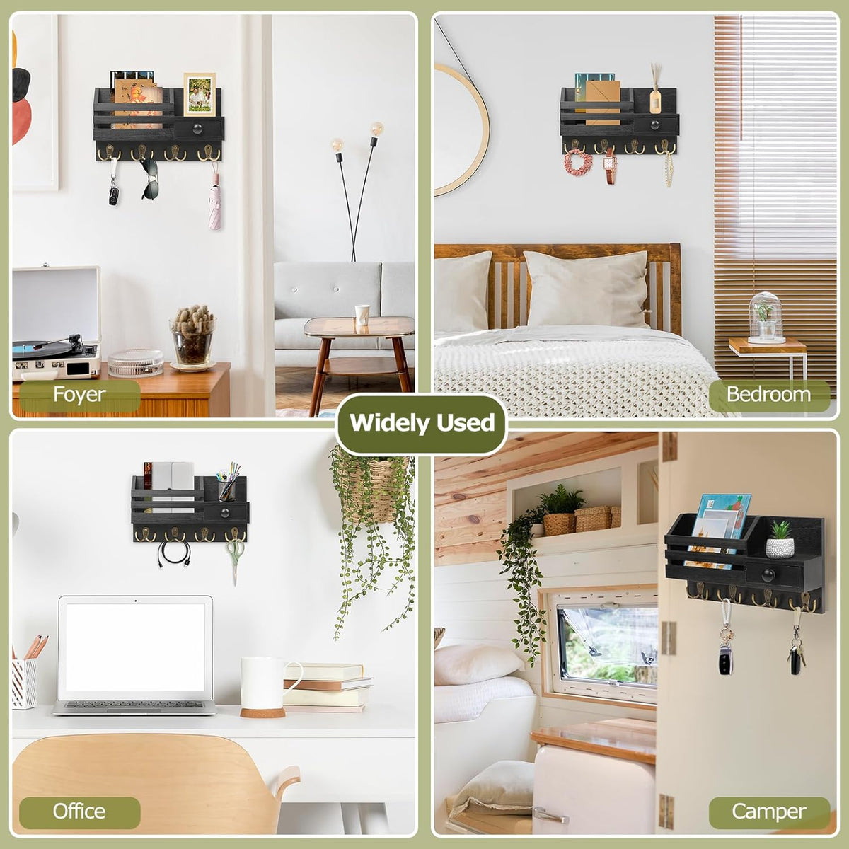 Key Holder Wall Mount, Wooden Key and Mail Organizer, Black