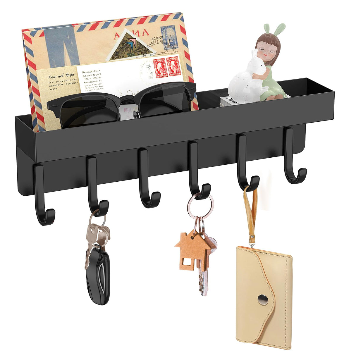 Magnetic Key Holder, Wall Mount Key Rack with Shelf, 9.65 in, White