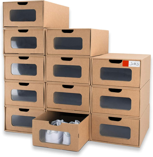 Cardboard Shoe Storage Boxes, 12 Pack, Foldable Stackable Drawer Organizers with Clear Window and Labels for Closets, 13.2 x 8.3 x 5.1 in