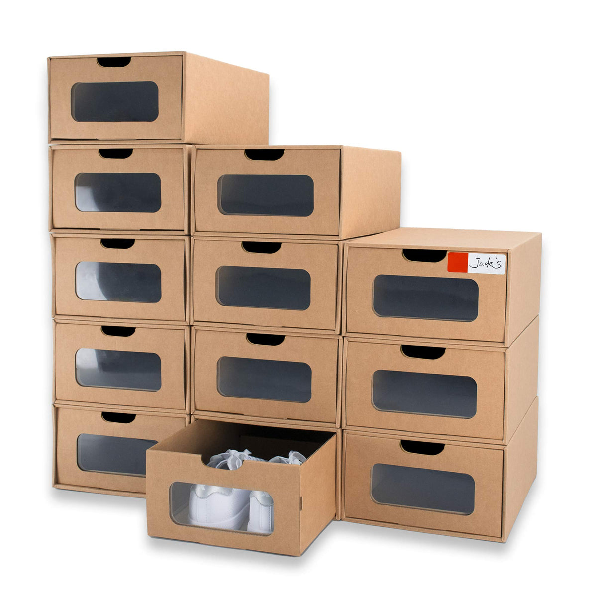 Cardboard Shoe Storage Boxes, 12 Pack, Foldable Stackable Drawer Organizers with Clear Window and Labels for Closets, 13.2 x 8.3 x 5.1 in