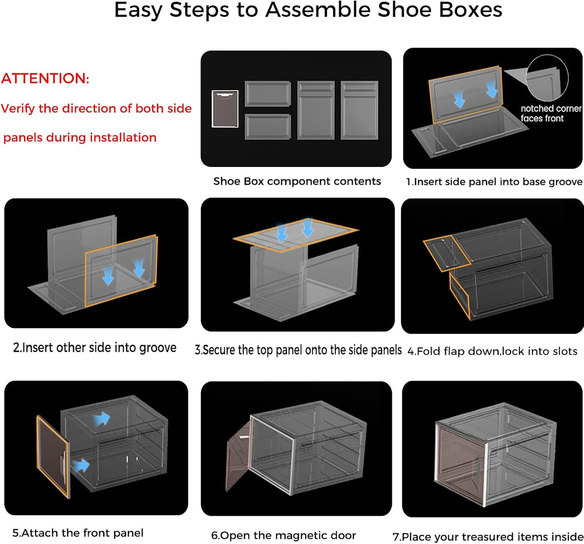 6 Pack Shoe Storage Box Organizer, Clear Thicken Stackable Plastic Shoe Boxes with Magnetic Door, Sturdy Shoe Containers for Sneakers Boots, Easy to Assemble, Fit up to US Size 12(13.2"×10.6"×7.5")