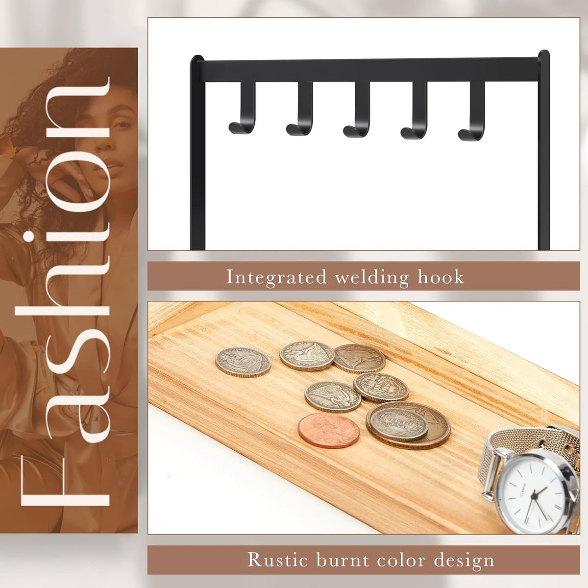 Wonderjune 1 Pcs Key Holder for Entryway Table with 5 Hooks and Burnt Wood Base 10 x 3.2 x 8.1 Inch Jewelry Organizer Bowl Rack Rustic Tray for Keys Bracelets Rings Watches Going out Supplies