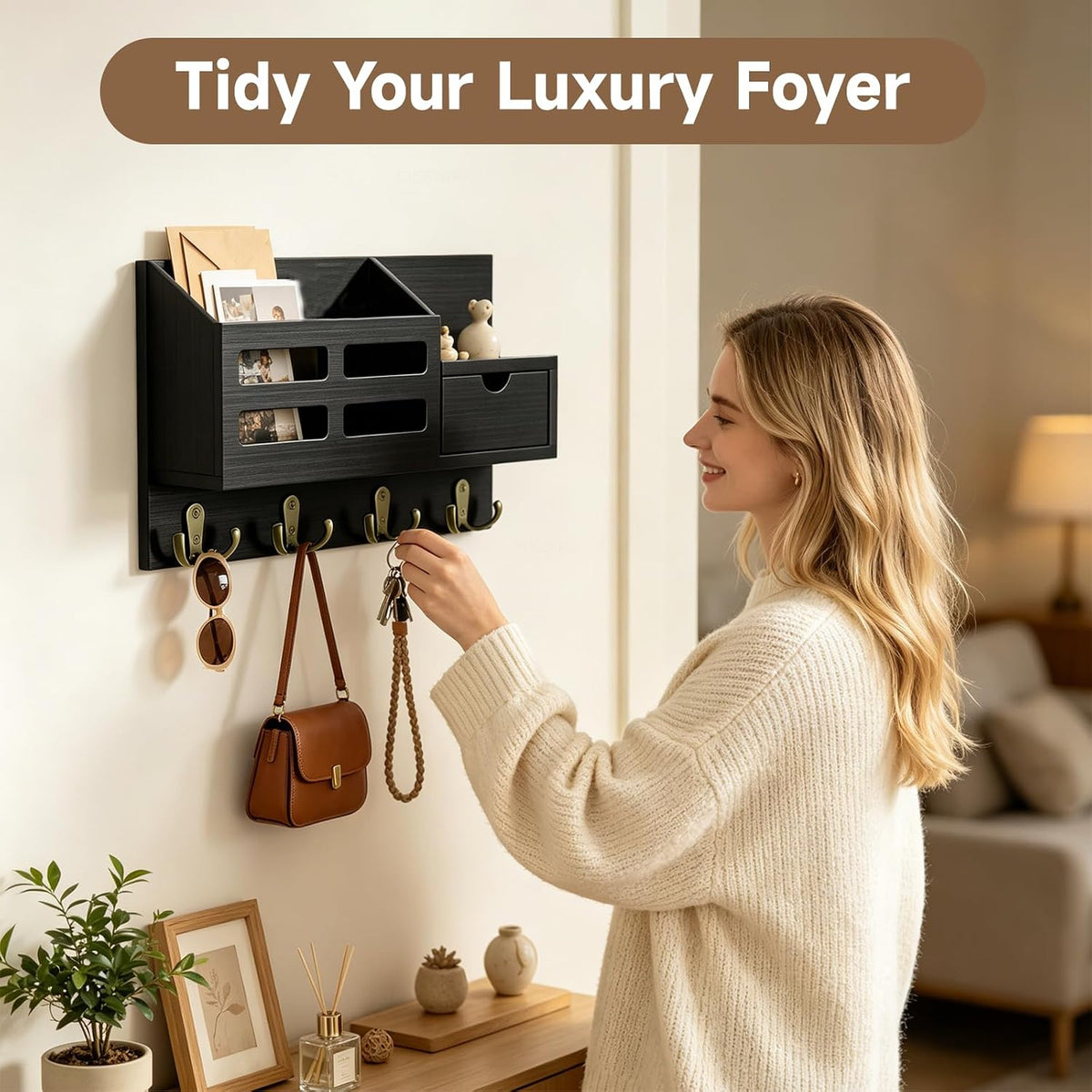 Key Holder Wall Mount Black Key Holder with Drawer& Mail Slot