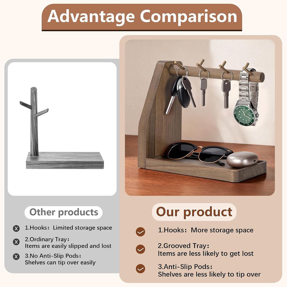 Key Tray with 7 Hooks for Keys and Jewelry, Fit Entryway Table