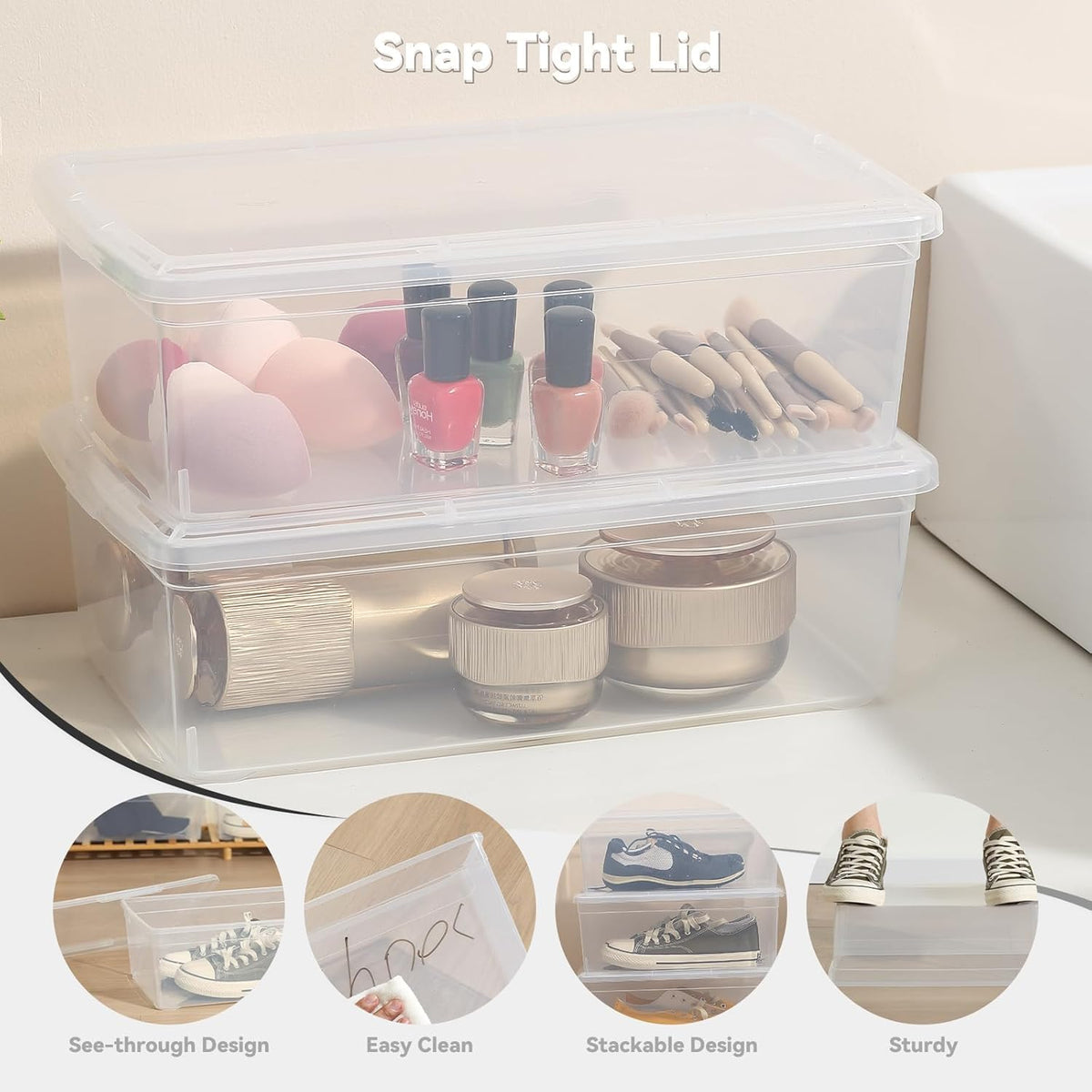 novelinks 8 Pack 6QT Plastic Storage Bins with Lids, Shoe Boxes (Clear)