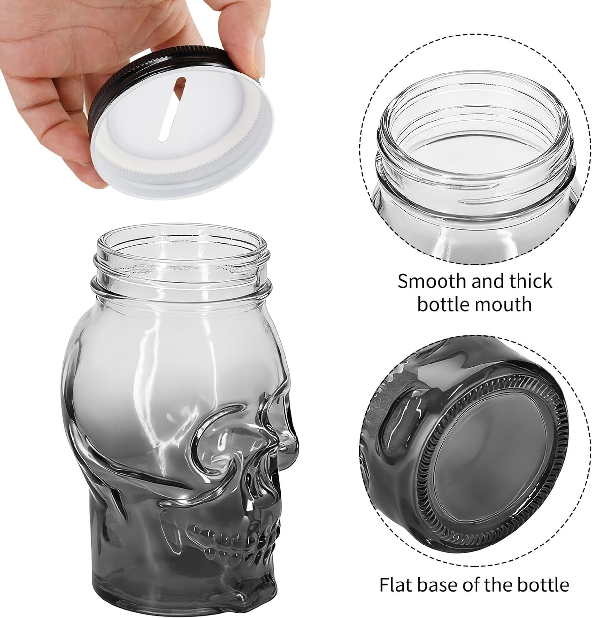 1Pack 16 OZ Skull Glass Coin Bank with Metal Lid, Clear Glass Skull Money Jar with Coin Slot, Decorative Savings Jar, Halloween & Home Décor (Black)