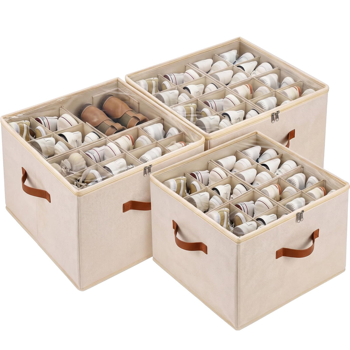 2 Pack Shoe Organizer Box – Large Capacity Shoe Storage Organizer with Transparent Cover & Flexible Dividers, Fits 16-32 Pairs, Fabric Shoe Storage Organizer Box, Entryway, Dorm